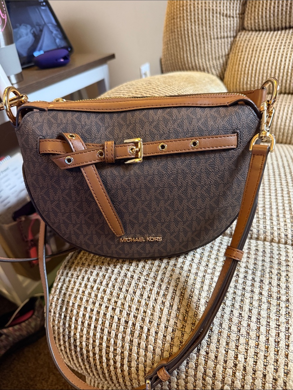 Michael Kors Brown and Tan Logo Saddle Crossbody